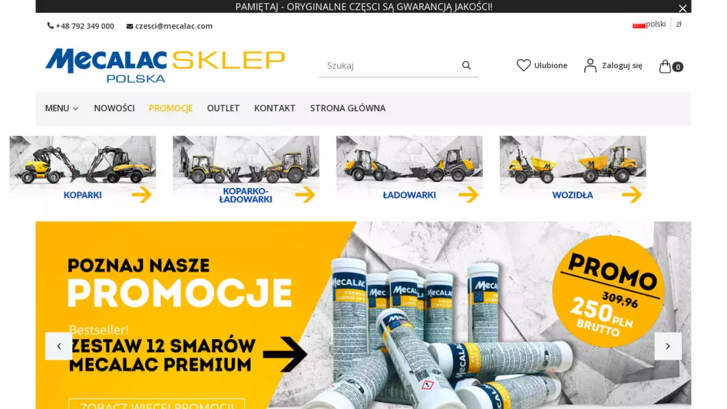 Zrzut ekranu strony Części do koparek, koparko-ładowarek, ładowarek | Sklep internetowy Mecalac