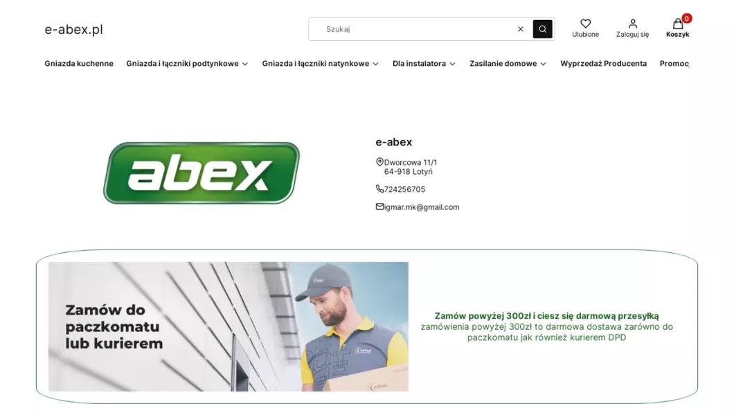 Zrzut ekranu strony Sklep z artykułami elektrycznymi | e-abex.pl